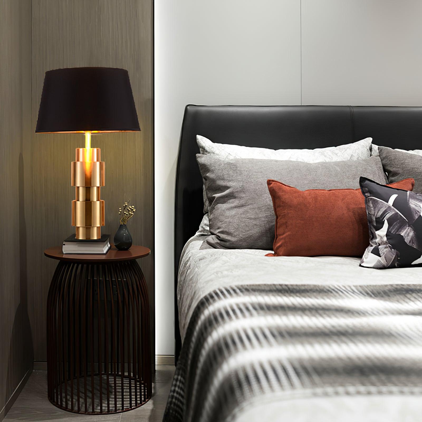 Luxury Gold Cylinder Table Lamp with Black Linen Drum Shade for Modern Decor
