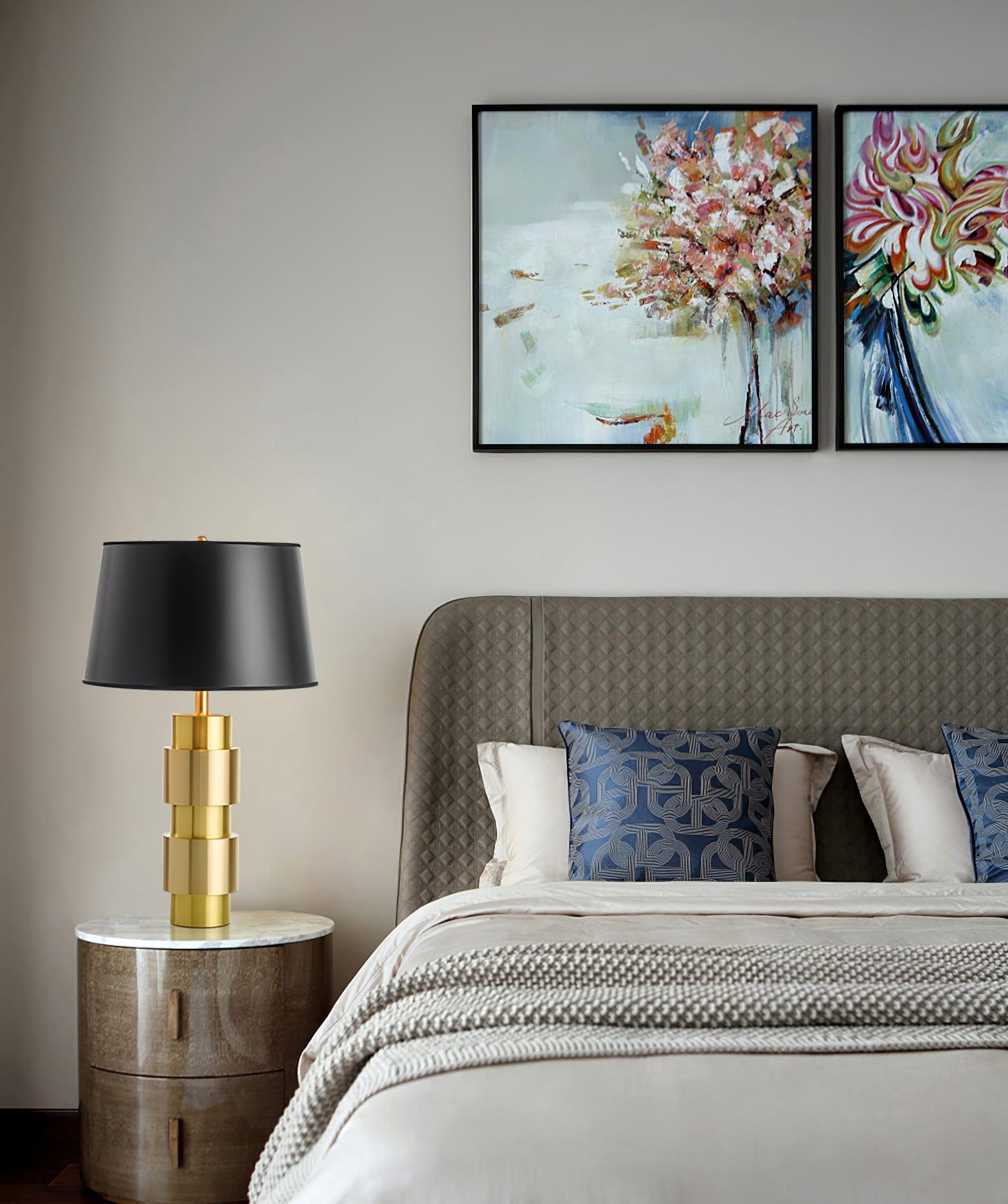 Luxury Gold Cylinder Table Lamp with Black Linen Drum Shade for Modern Decor