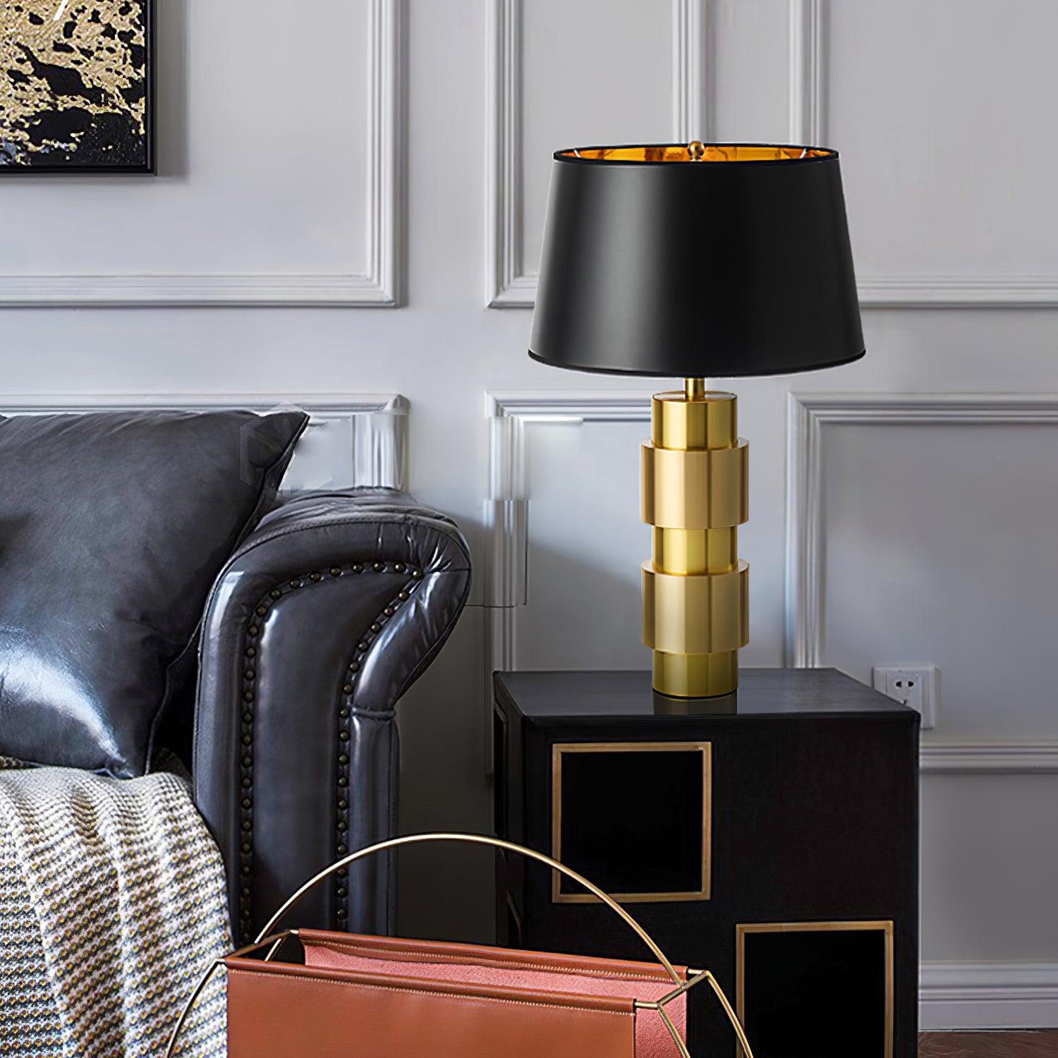 Luxury Gold Cylinder Table Lamp with Black Linen Drum Shade for Modern Decor