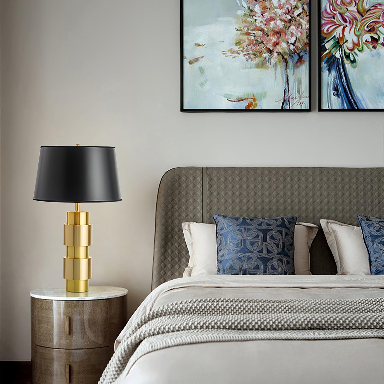 Luxury Gold Cylinder Table Lamp with Black Linen Drum Shade for Modern Decor