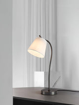 Modern Brass and Black Table Lamp with White Fabric Shade for Bedside Table