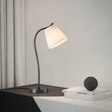 Modern Brass and Black Table Lamp with White Fabric Shade for Bedside Table
