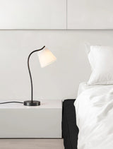 Modern Brass and Black Table Lamp with White Fabric Shade for Bedside Table
