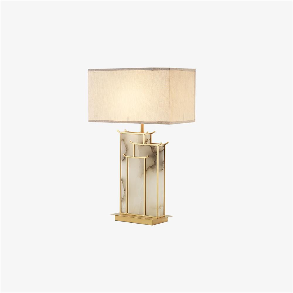 Elegant White Alabaster Table Lamp with Polished Gold Metal Finish and Fabric Shade