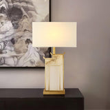 Elegant White Alabaster Table Lamp with Polished Gold Metal Finish and Fabric Shade