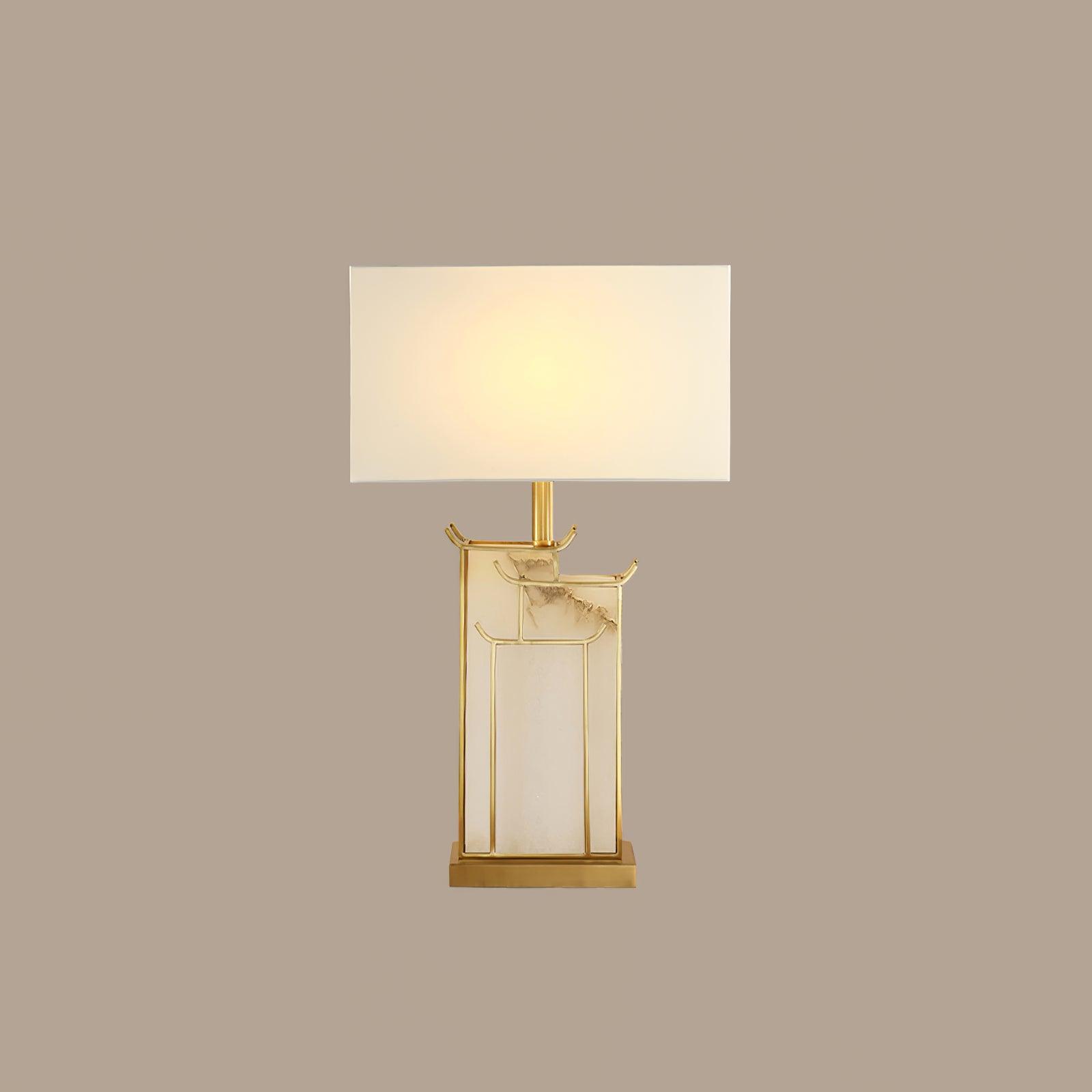 Elegant White Alabaster Table Lamp with Polished Gold Metal Finish and Fabric Shade