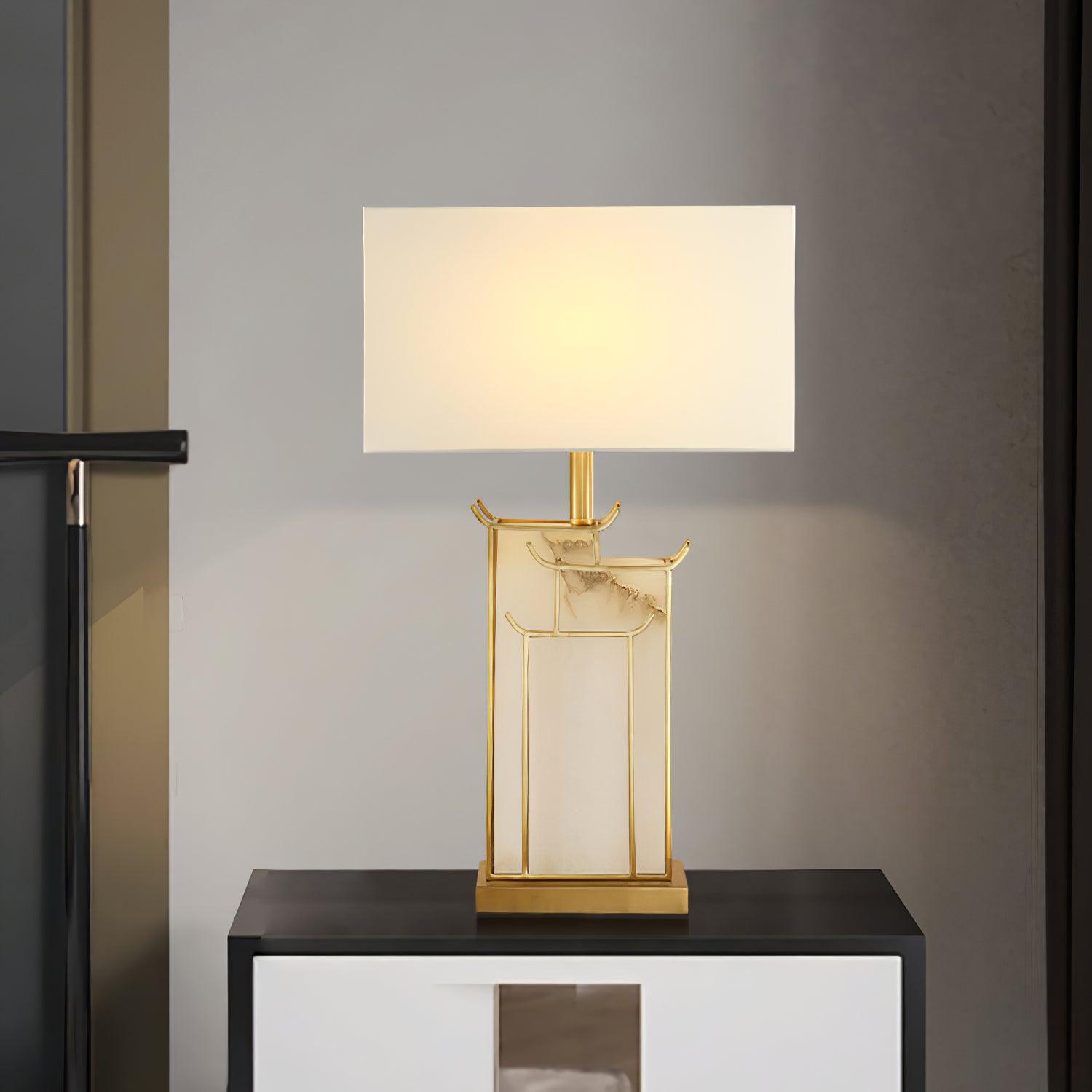 Elegant White Alabaster Table Lamp with Polished Gold Metal Finish and Fabric Shade