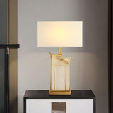Elegant White Alabaster Table Lamp with Polished Gold Metal Finish and Fabric Shade