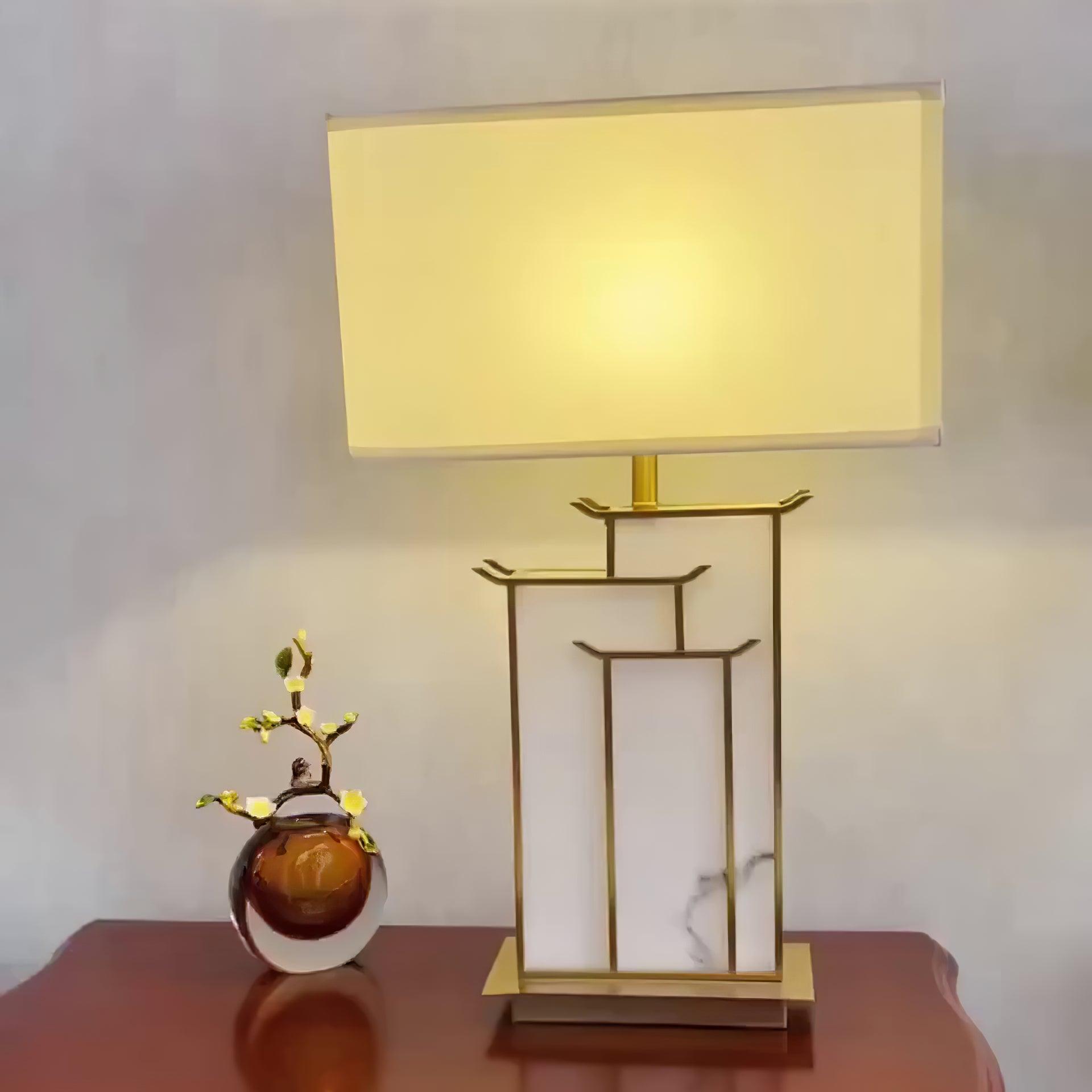 Elegant White Alabaster Table Lamp with Polished Gold Metal Finish and Fabric Shade