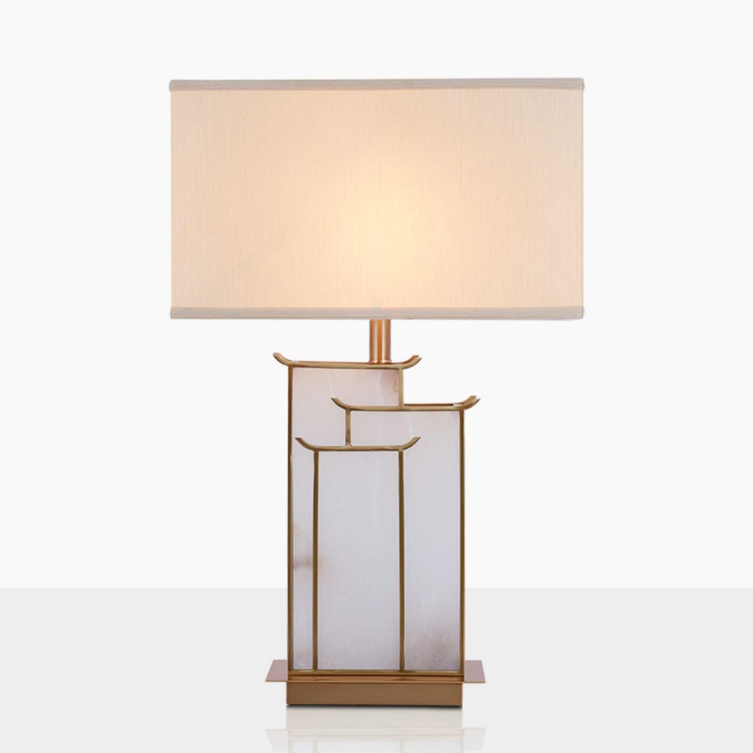 Elegant White Alabaster Table Lamp with Polished Gold Metal Finish and Fabric Shade