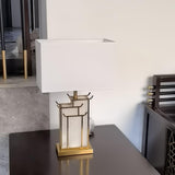Elegant White Alabaster Table Lamp with Polished Gold Metal Finish and Fabric Shade