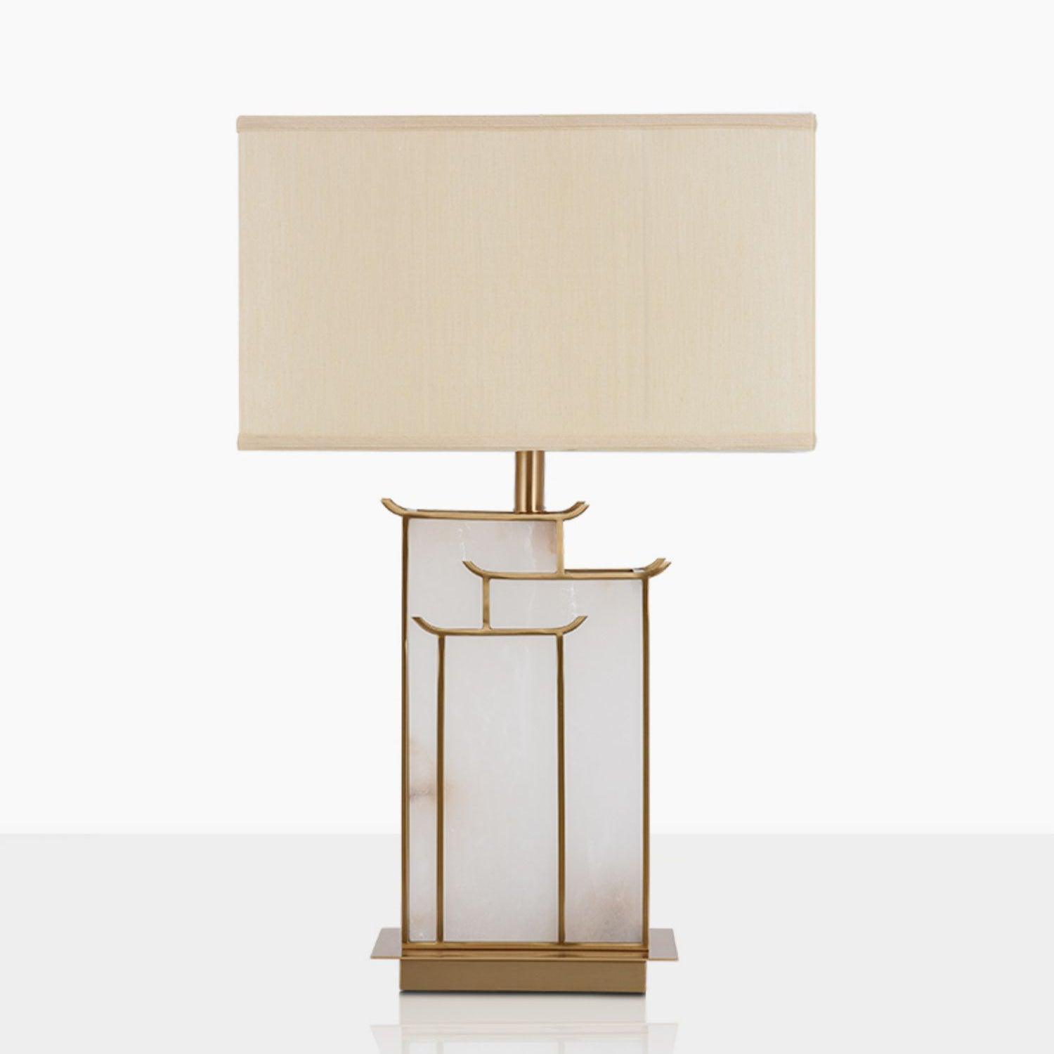 Elegant White Alabaster Table Lamp with Polished Gold Metal Finish and Fabric Shade