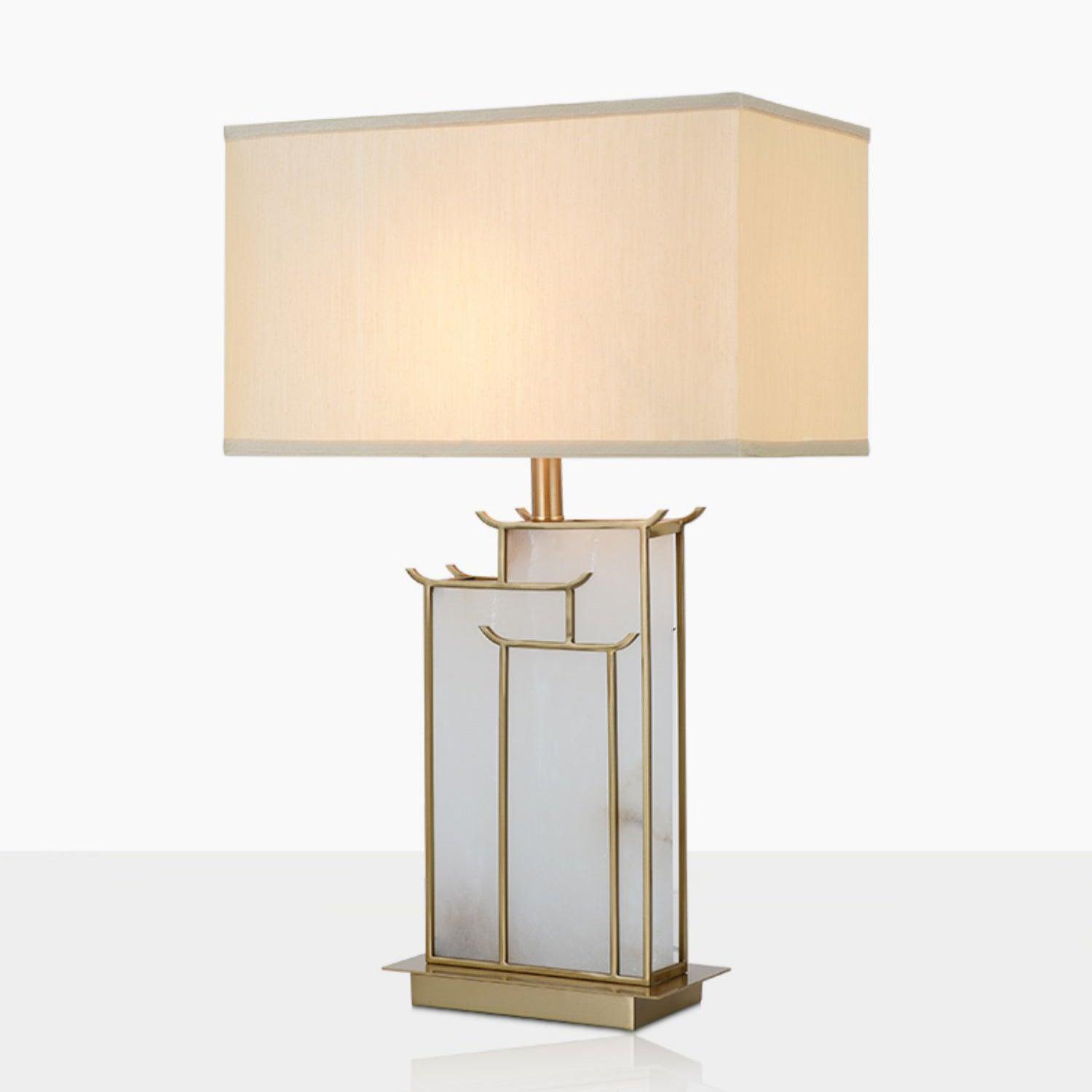 Elegant White Alabaster Table Lamp with Polished Gold Metal Finish and Fabric Shade
