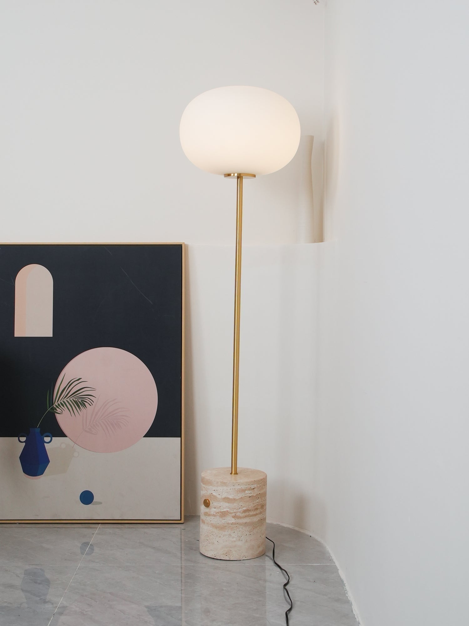 Modern Jwda Travertine Floor Lamp with Spherical Glass Globe and Yellow Stone Base