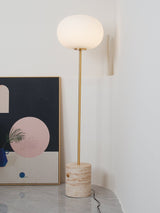 Modern Jwda Travertine Floor Lamp with Spherical Glass Globe and Yellow Stone Base