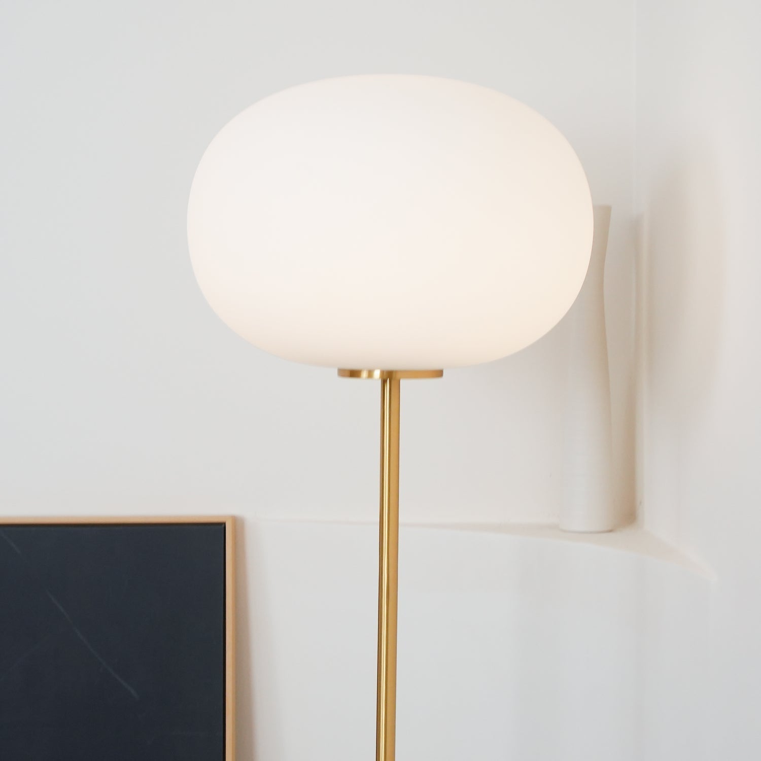 Modern Jwda Travertine Floor Lamp with Spherical Glass Globe and Yellow Stone Base