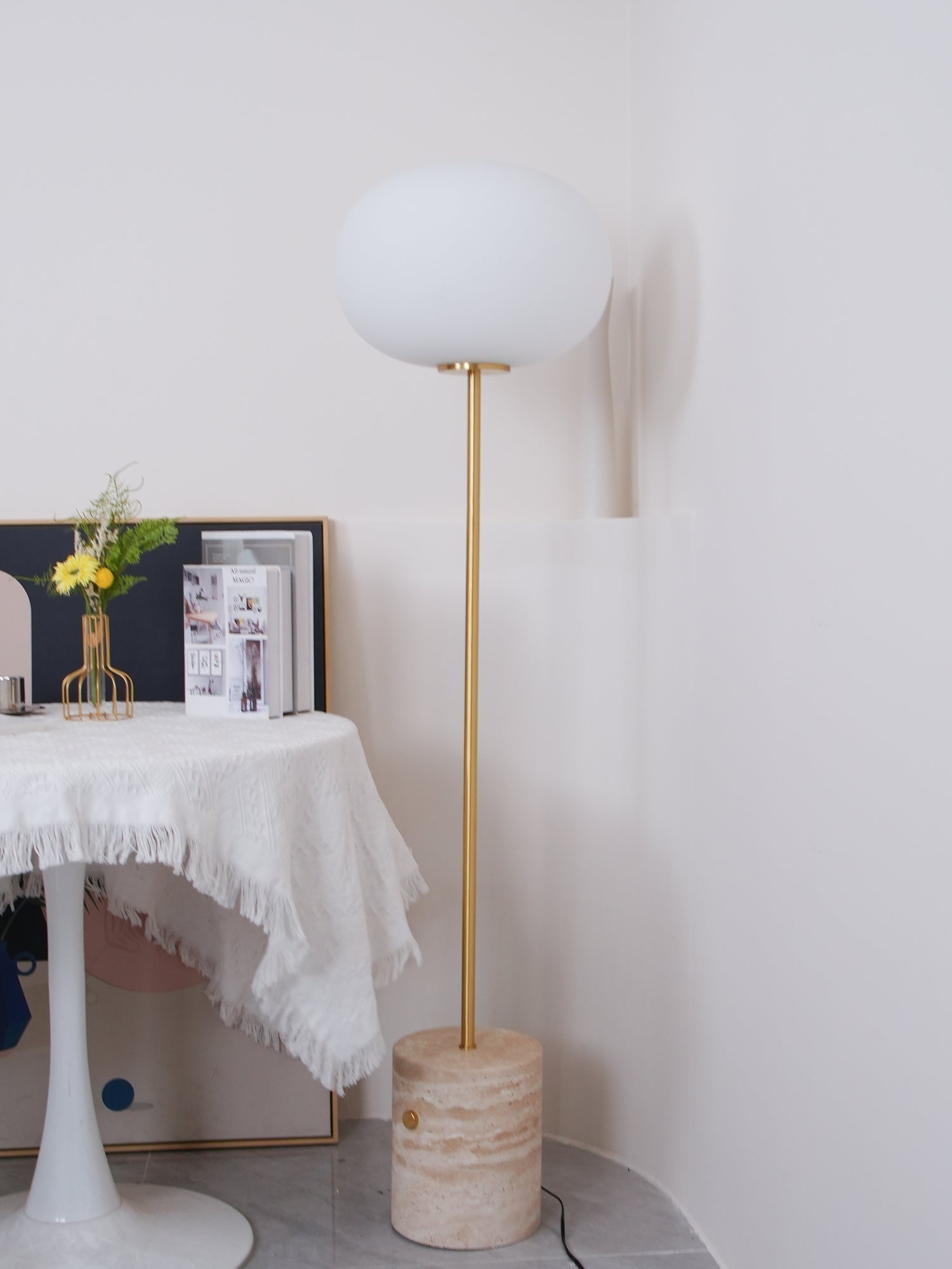 Modern Jwda Travertine Floor Lamp with Spherical Glass Globe and Yellow Stone Base
