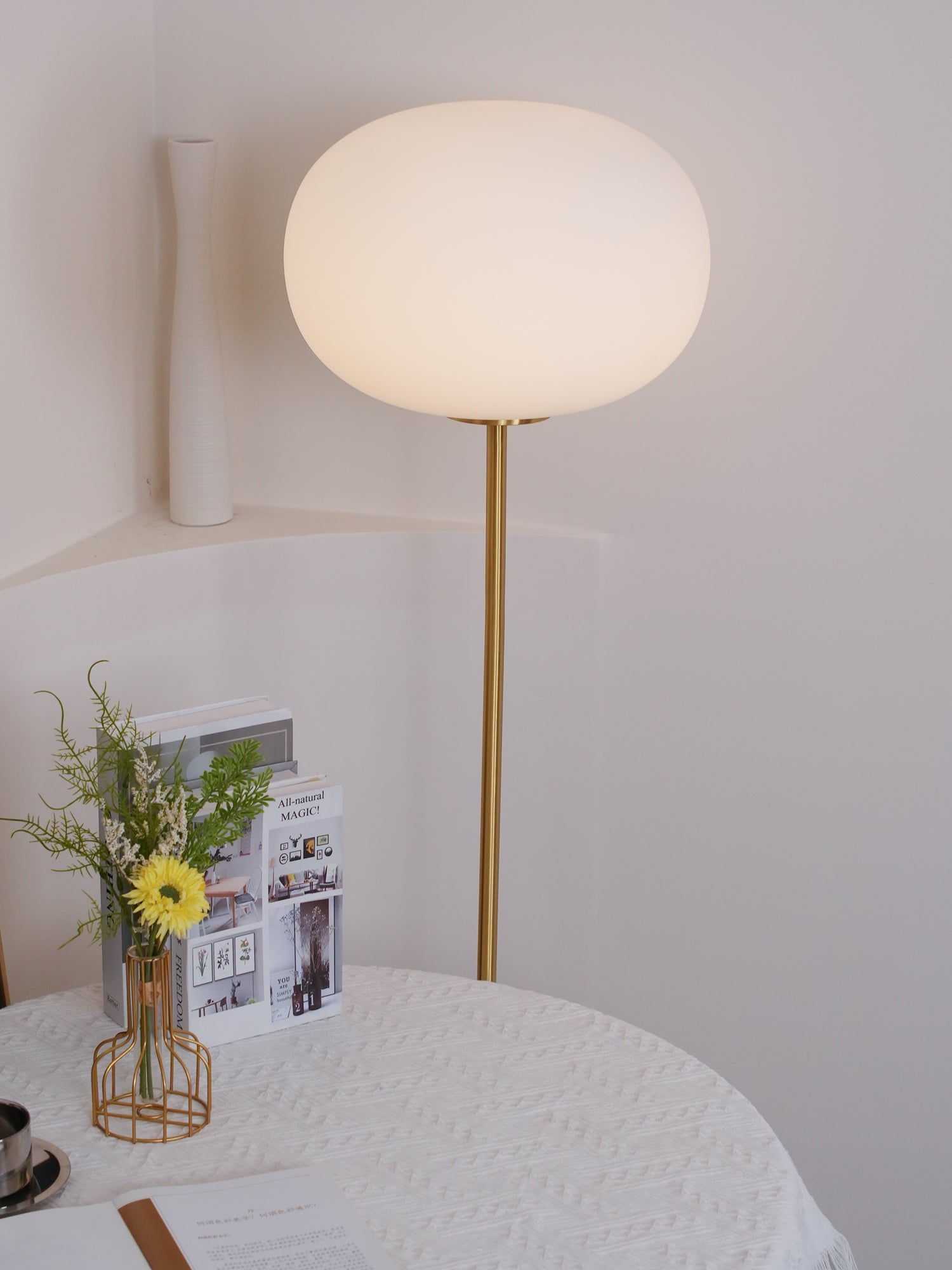 Modern Jwda Travertine Floor Lamp with Spherical Glass Globe and Yellow Stone Base