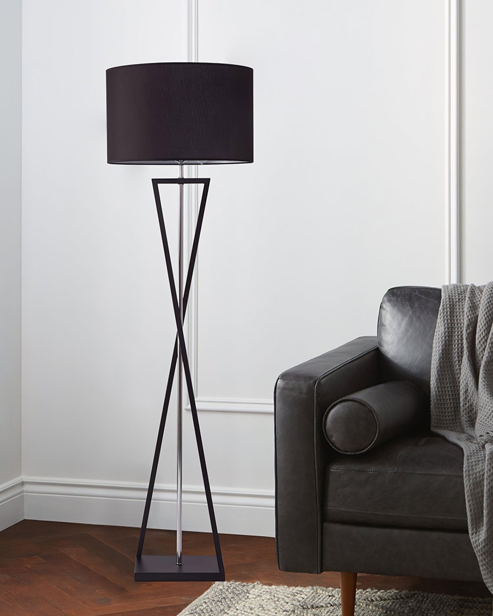 Modern Kaden Black Tripod Floor Lamp with Linen Drum Shade for Living Room and Office