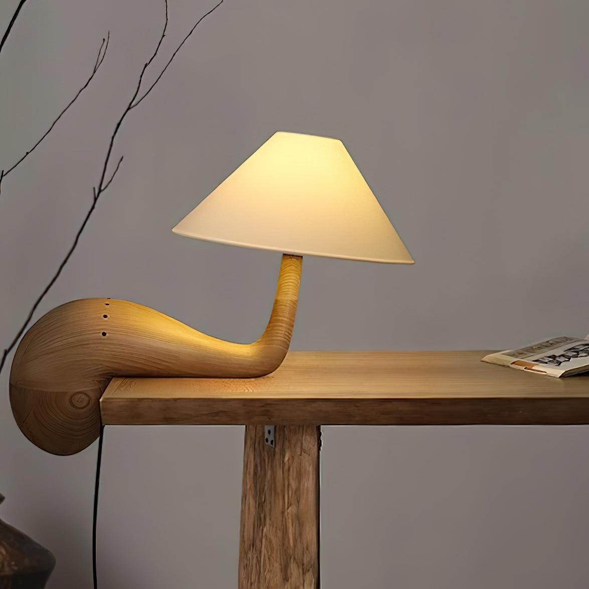 Modern Pine Wood Desk Lamp with White Fabric Shade for Bedside and Office