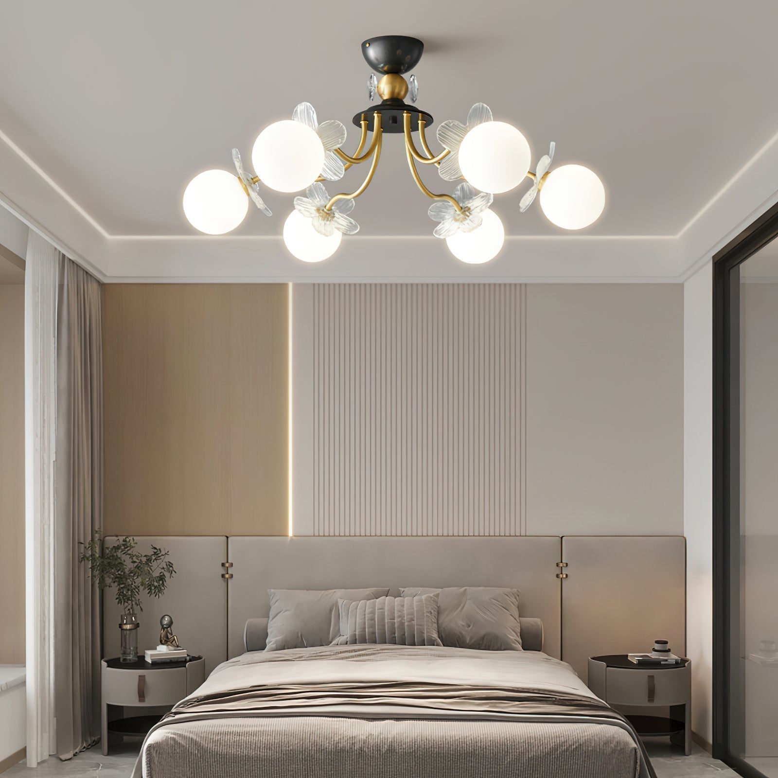 Modern Glass Blossom Petal Chandelier Floral Flush Mount Light with White Globes