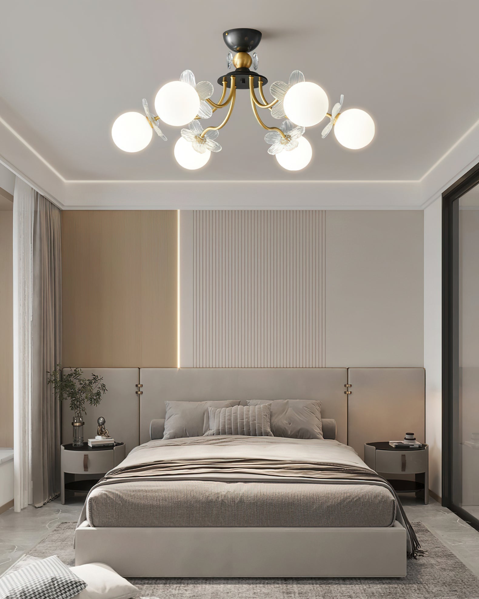Modern Glass Blossom Petal Chandelier Floral Flush Mount Light with White Globes