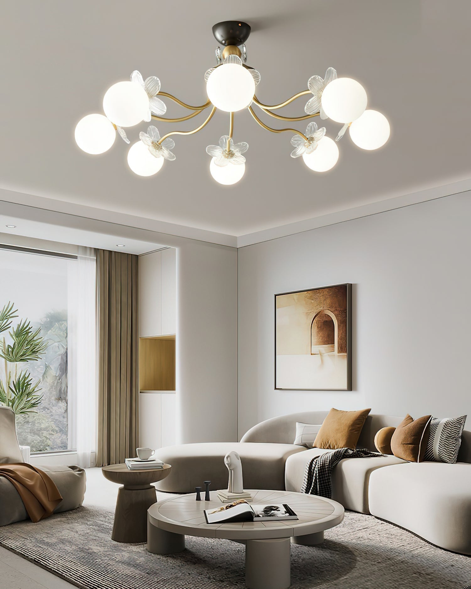 Modern Glass Blossom Petal Chandelier Floral Flush Mount Light with White Globes