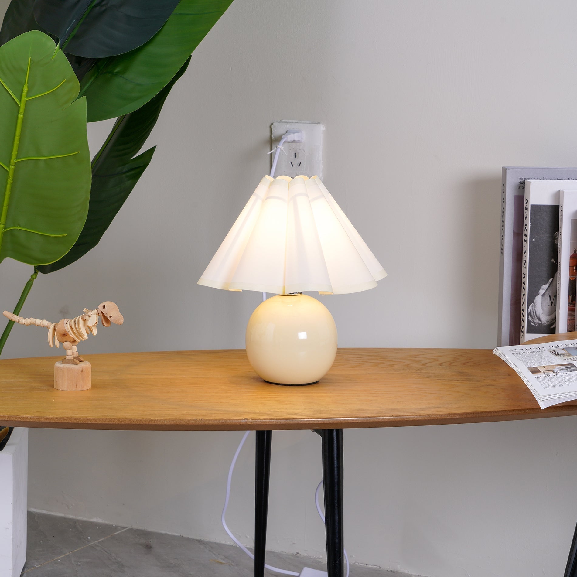Vintage Ceramic Mushroom Table Lamp with Elegant Knife Pleat Linen Shade