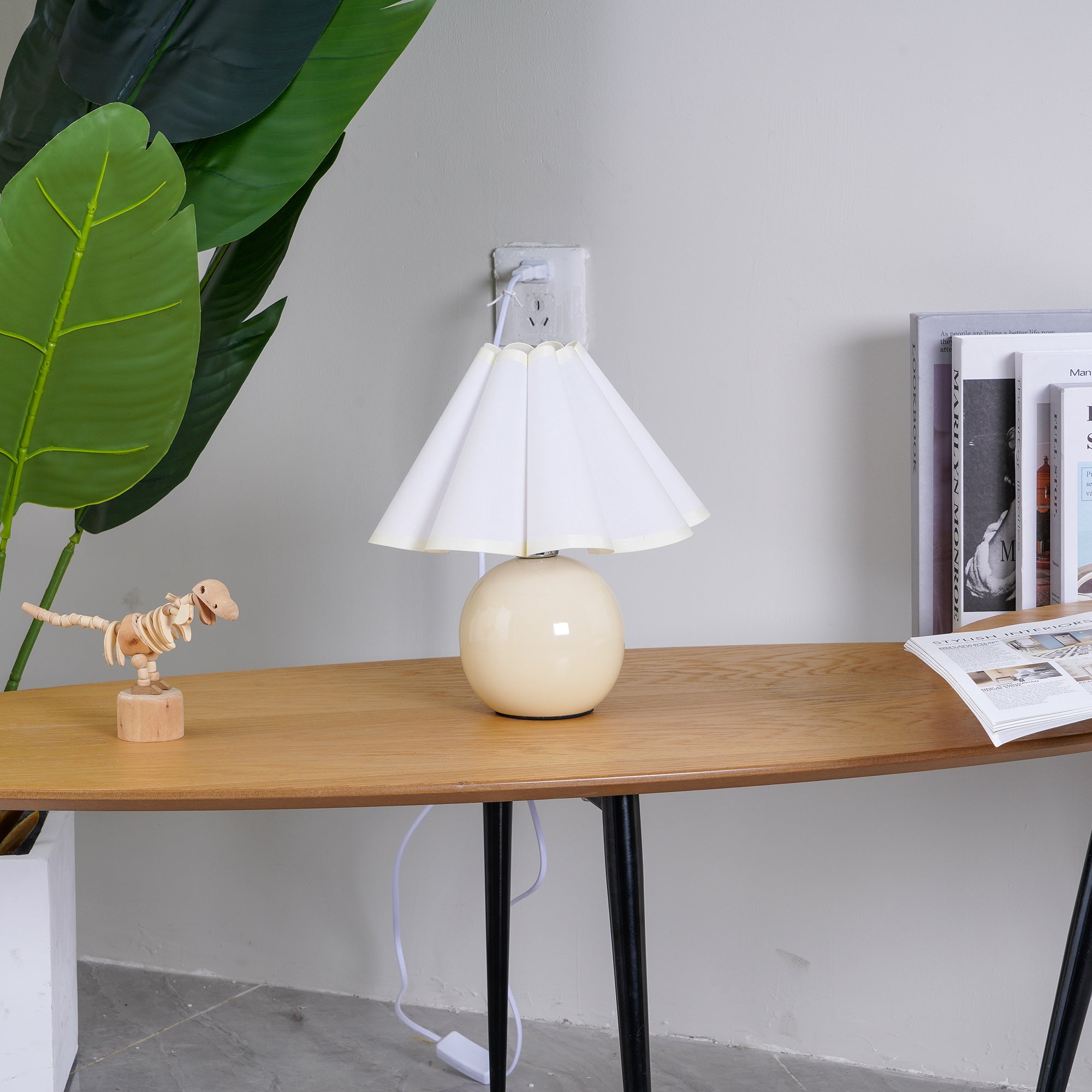 Vintage Ceramic Mushroom Table Lamp with Elegant Knife Pleat Linen Shade