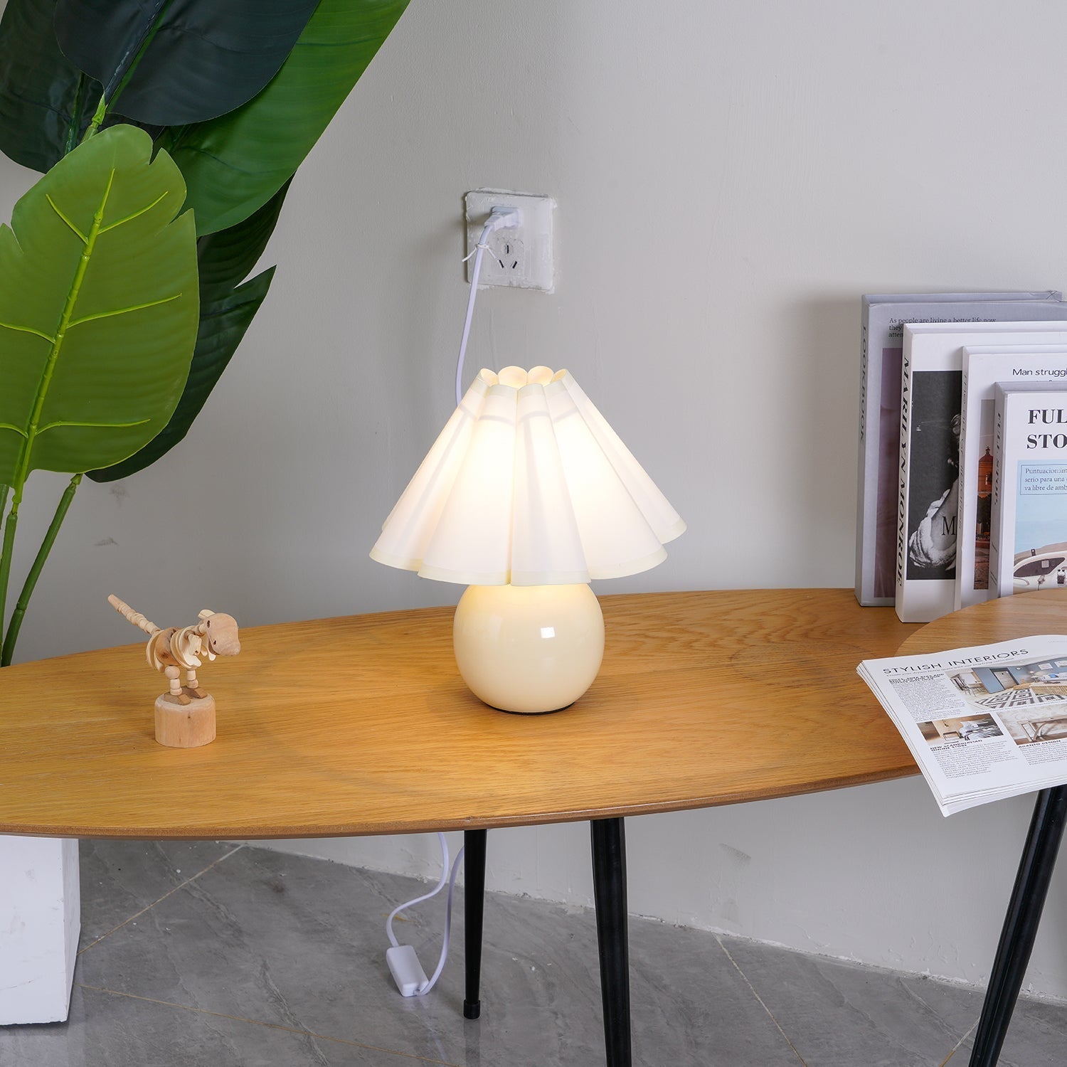 Vintage Ceramic Mushroom Table Lamp with Elegant Knife Pleat Linen Shade
