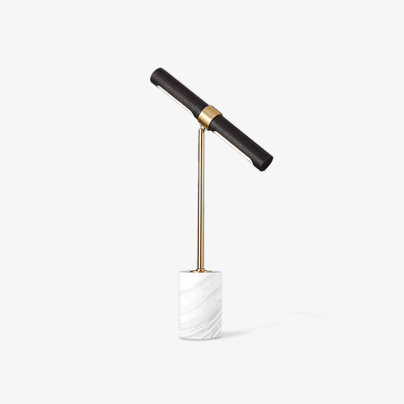 Elegant Gold Metal and Brown Leather Nightstand Table Lamp with White Marble Base