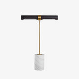 Elegant Gold Metal and Brown Leather Nightstand Table Lamp with White Marble Base