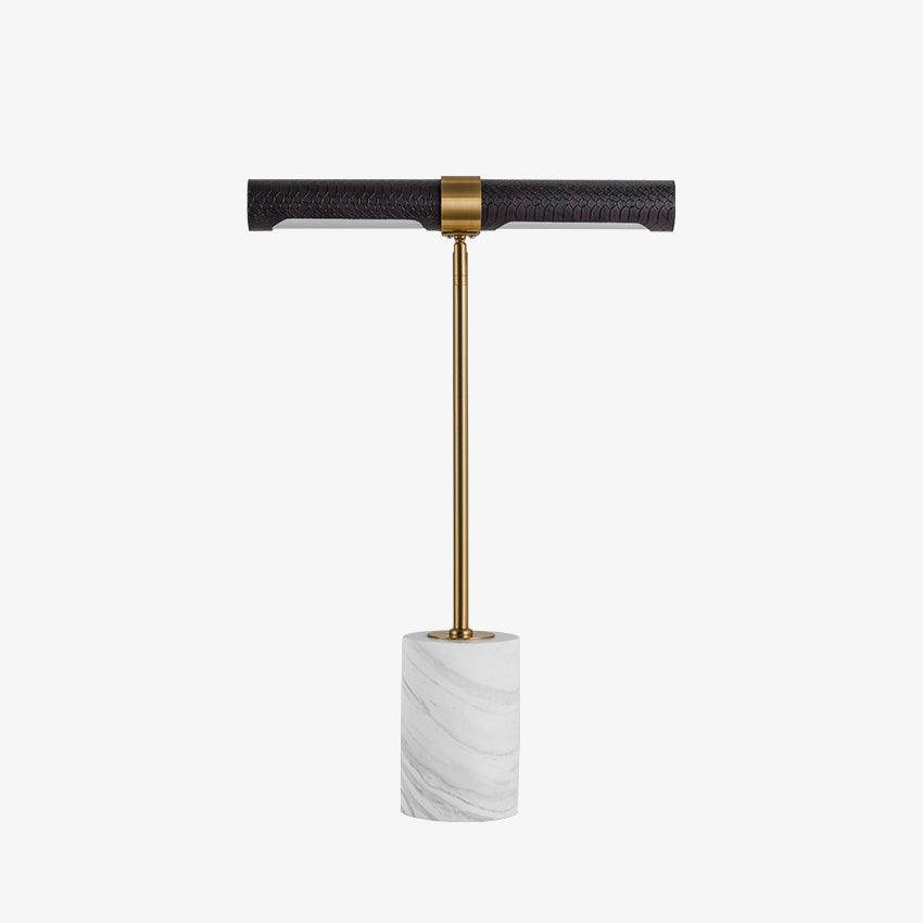 Elegant Gold Metal and Brown Leather Nightstand Table Lamp with White Marble Base
