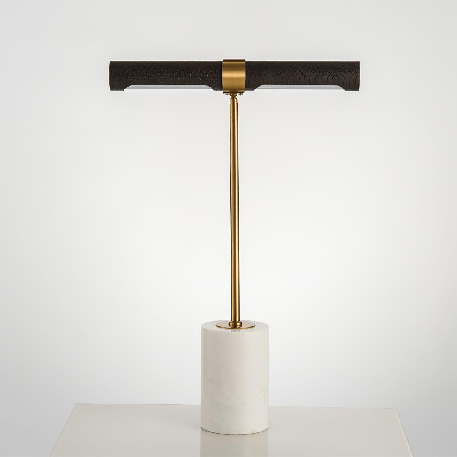 Elegant Gold Metal and Brown Leather Nightstand Table Lamp with White Marble Base