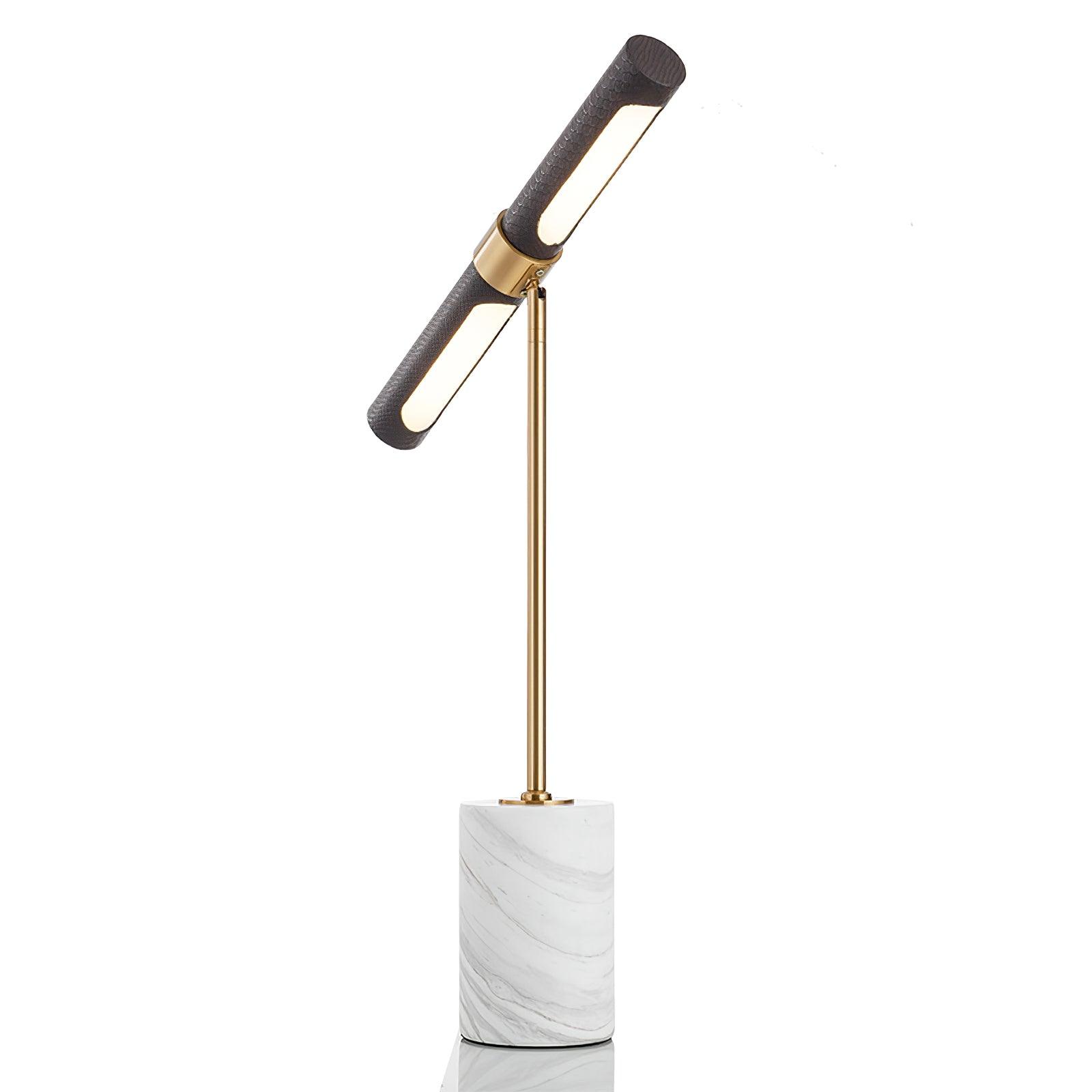 Elegant Gold Metal and Brown Leather Nightstand Table Lamp with White Marble Base