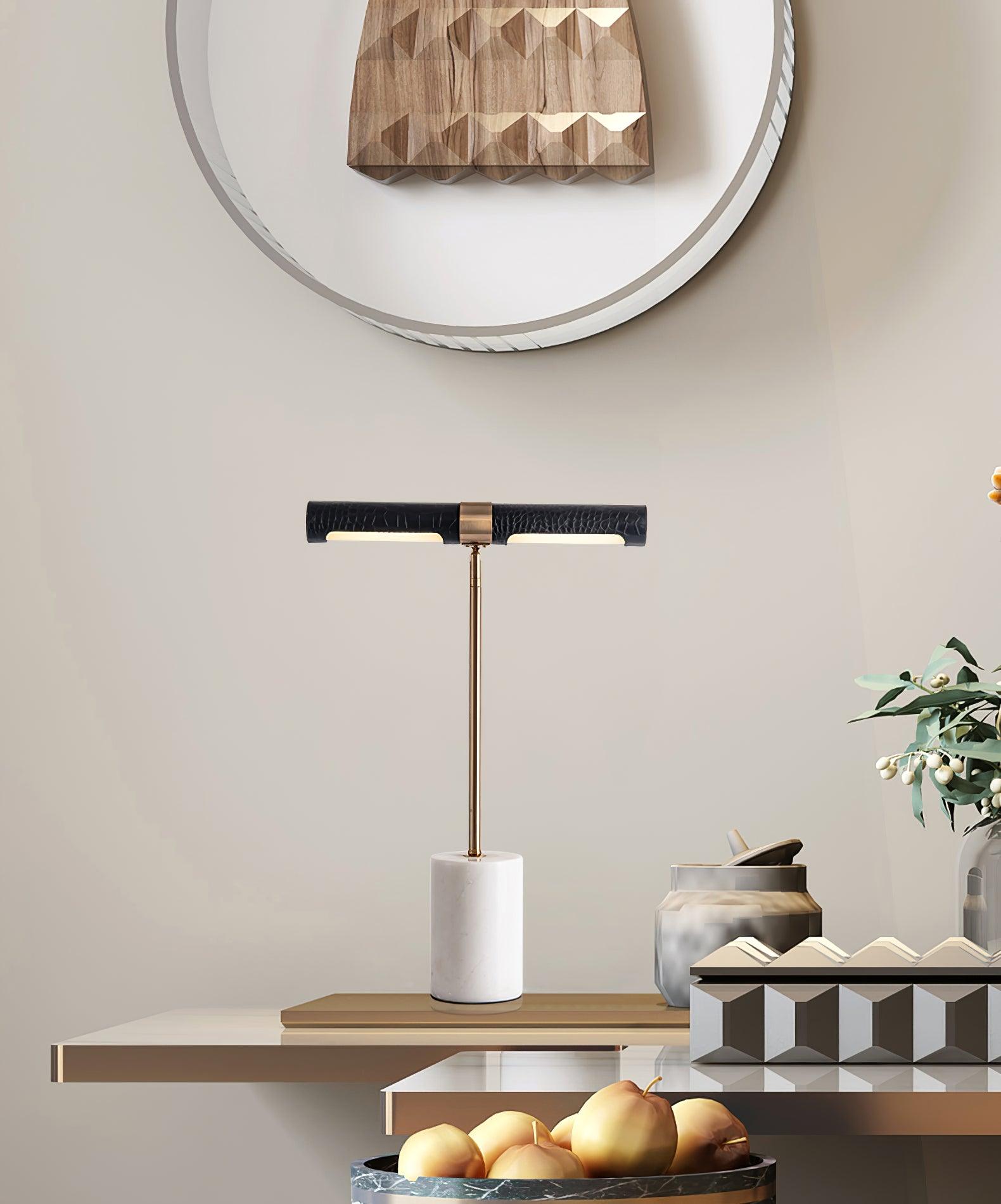 Elegant Gold Metal and Brown Leather Nightstand Table Lamp with White Marble Base