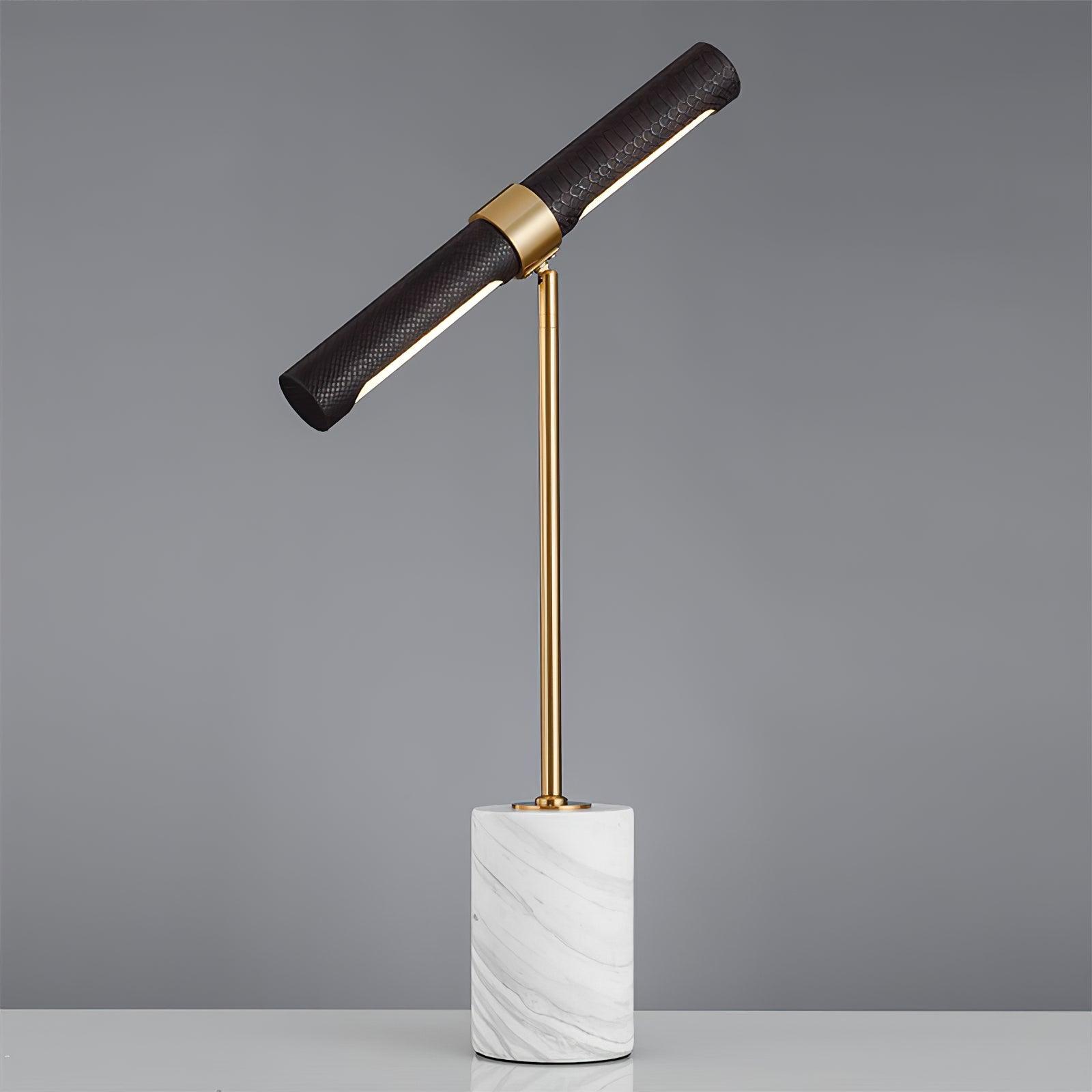 Elegant Gold Metal and Brown Leather Nightstand Table Lamp with White Marble Base