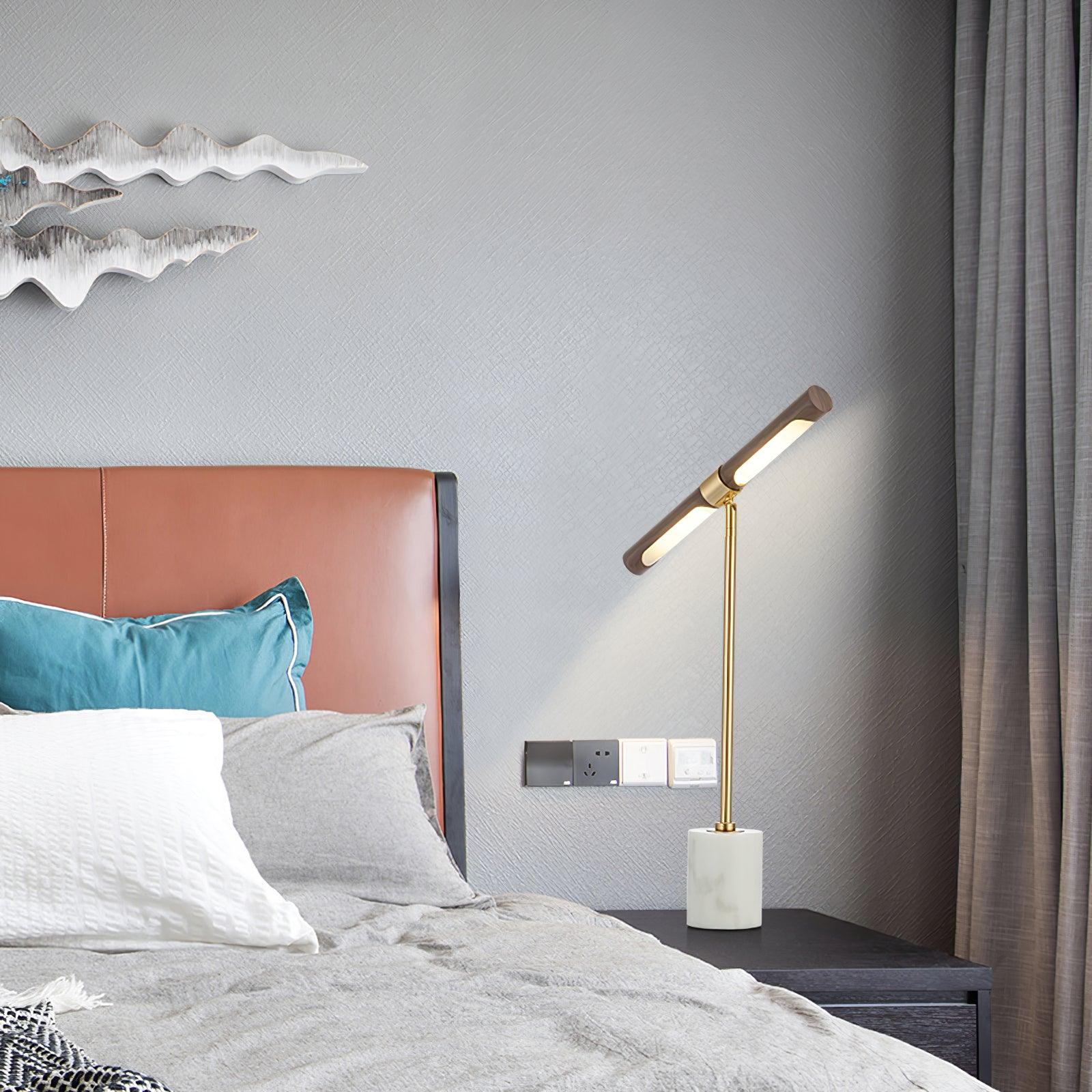 Elegant Gold Metal and Brown Leather Nightstand Table Lamp with White Marble Base