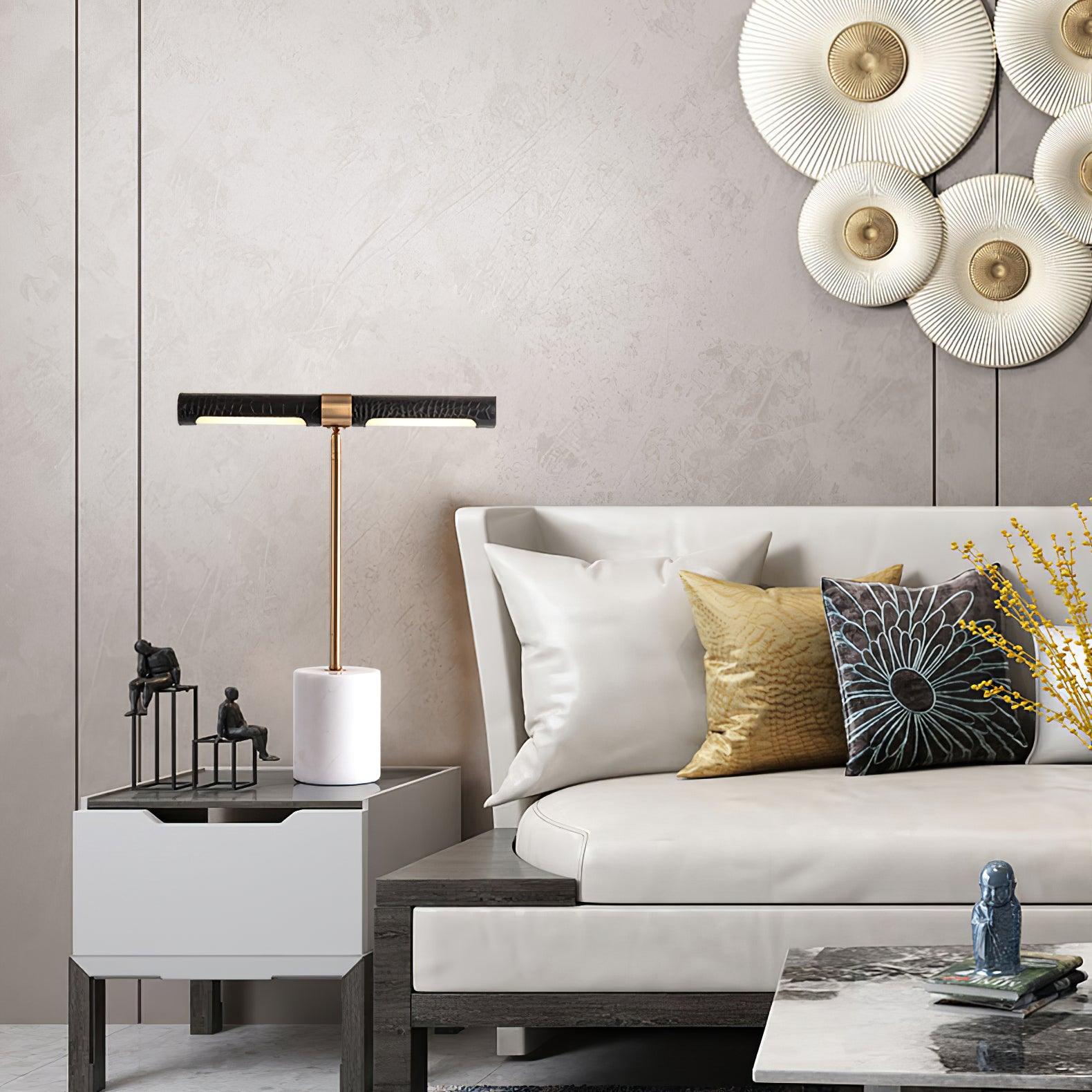 Elegant Gold Metal and Brown Leather Nightstand Table Lamp with White Marble Base