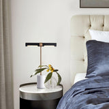 Elegant Gold Metal and Brown Leather Nightstand Table Lamp with White Marble Base