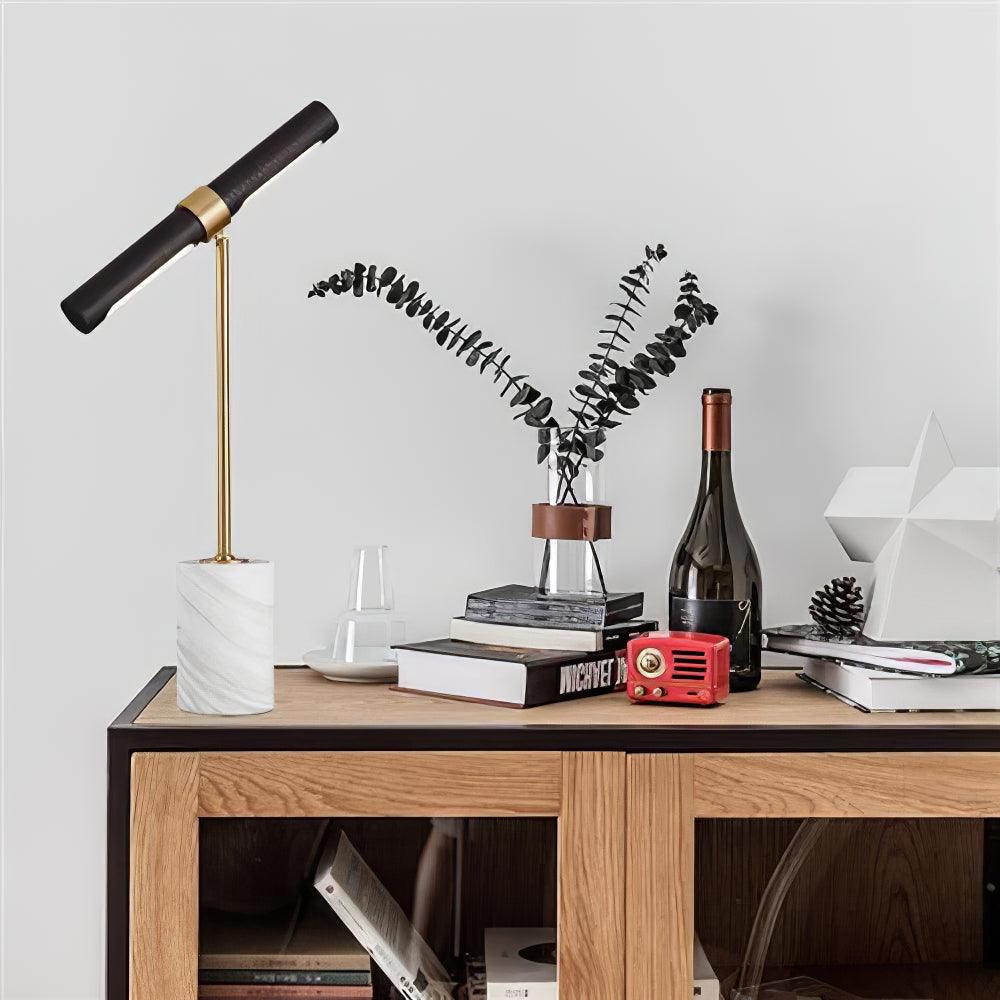 Elegant Gold Metal and Brown Leather Nightstand Table Lamp with White Marble Base