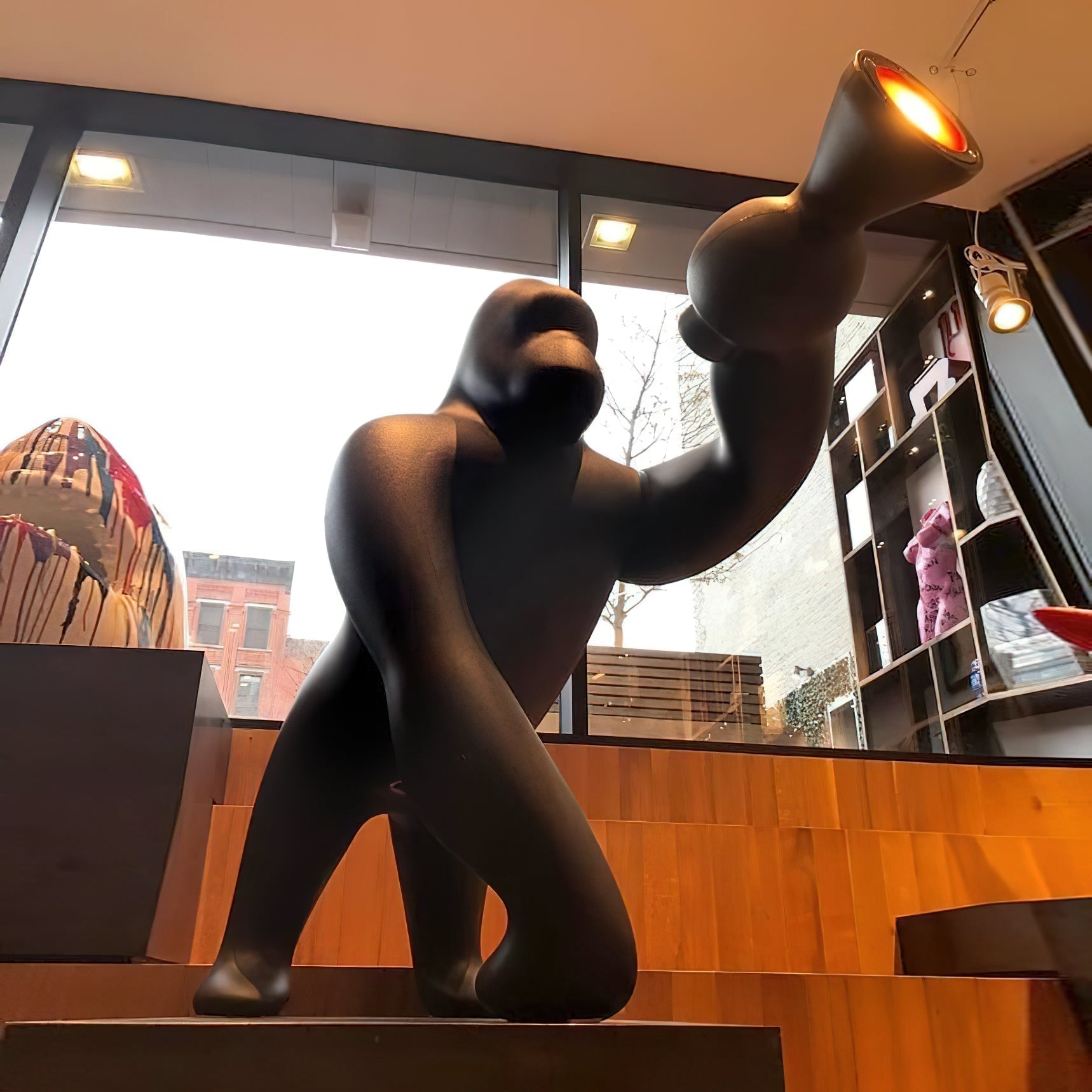Modern Kong Figurative Monkey Floor Lamp with Adjustable Arm and Matte Black Finish