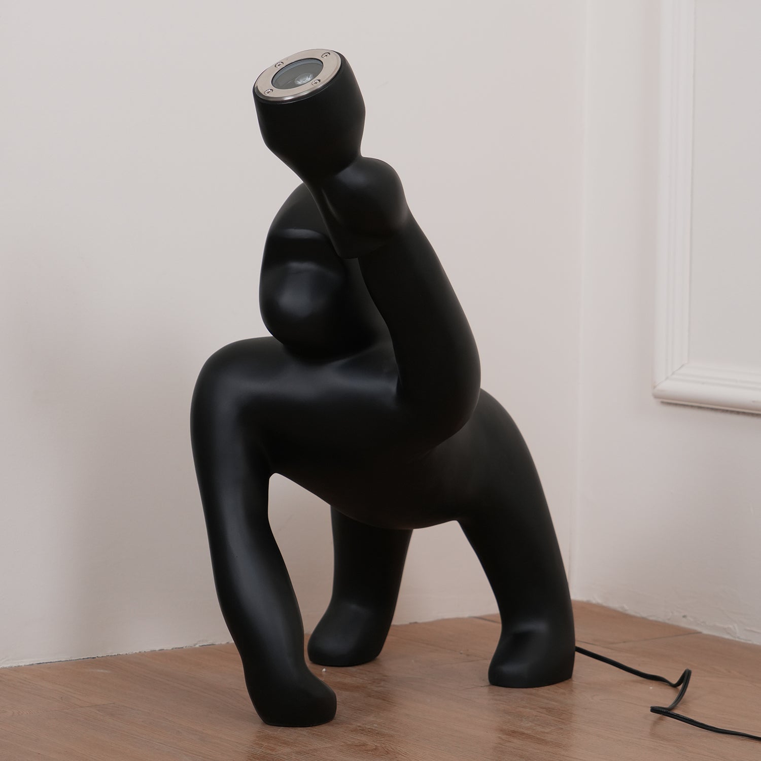 Modern Kong Figurative Monkey Floor Lamp with Adjustable Arm and Matte Black Finish