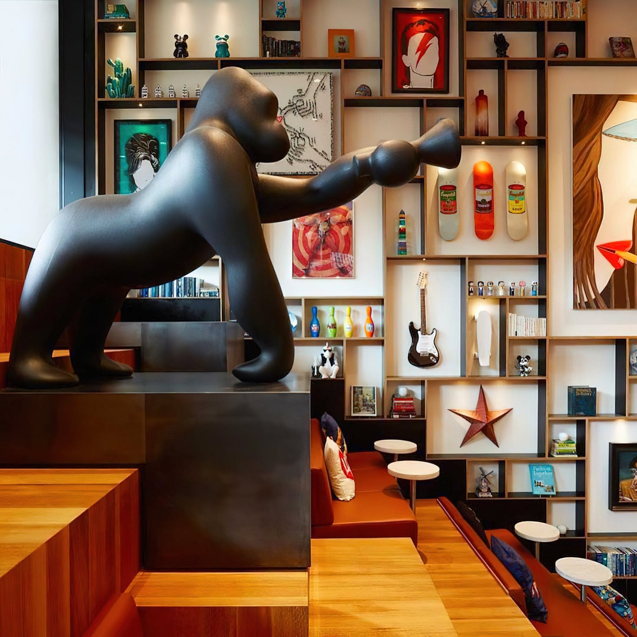 Modern Kong Figurative Monkey Floor Lamp with Adjustable Arm and Matte Black Finish
