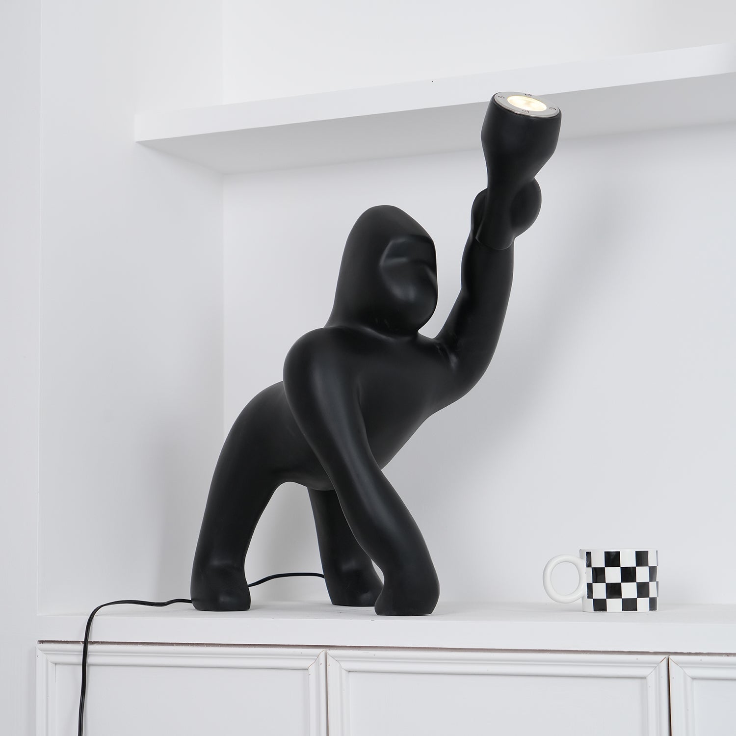 Modern Kong Figurative Monkey Floor Lamp with Adjustable Arm and Matte Black Finish