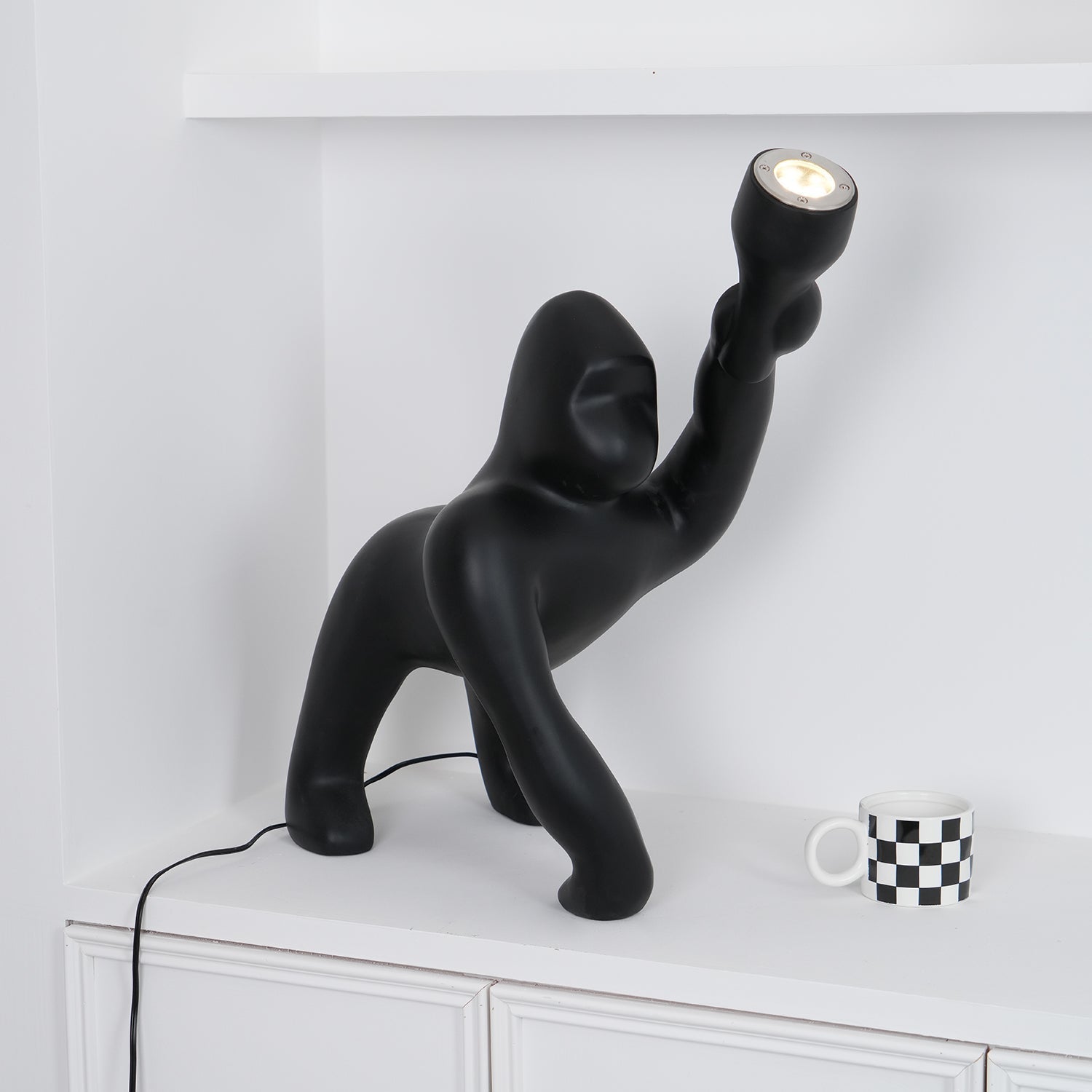 Modern Kong Figurative Monkey Floor Lamp with Adjustable Arm and Matte Black Finish