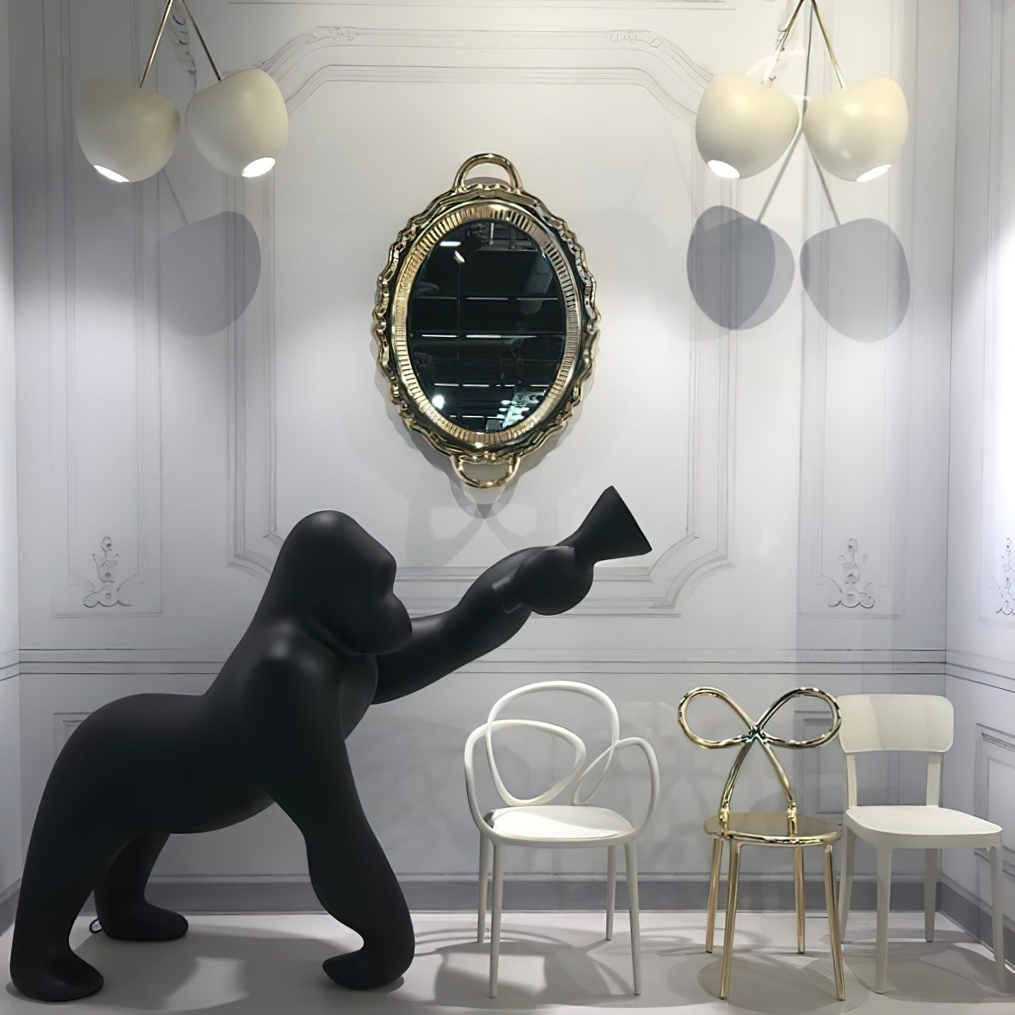 Modern Kong Figurative Monkey Floor Lamp with Adjustable Arm and Matte Black Finish