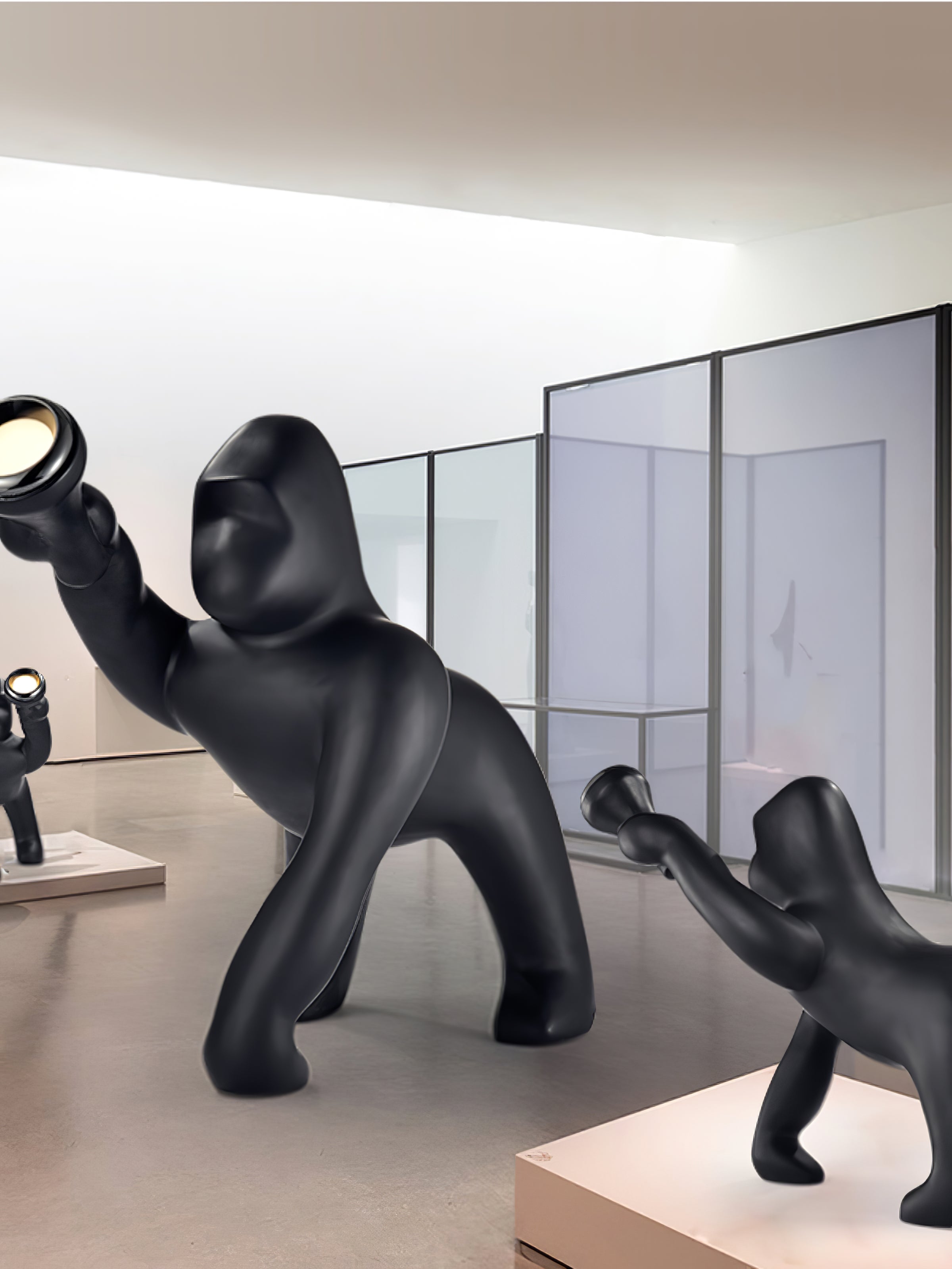 Modern Kong Figurative Monkey Floor Lamp with Adjustable Arm and Matte Black Finish