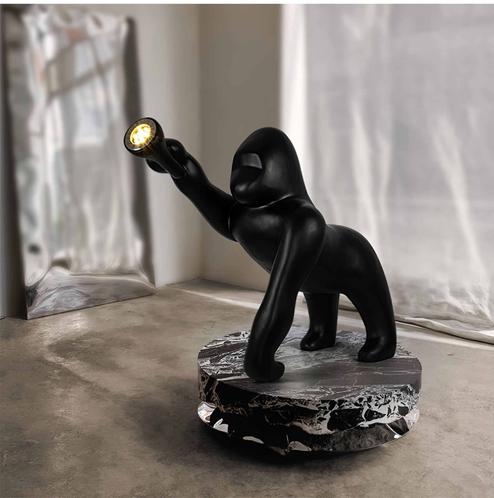 Modern Kong Figurative Monkey Floor Lamp with Adjustable Arm and Matte Black Finish