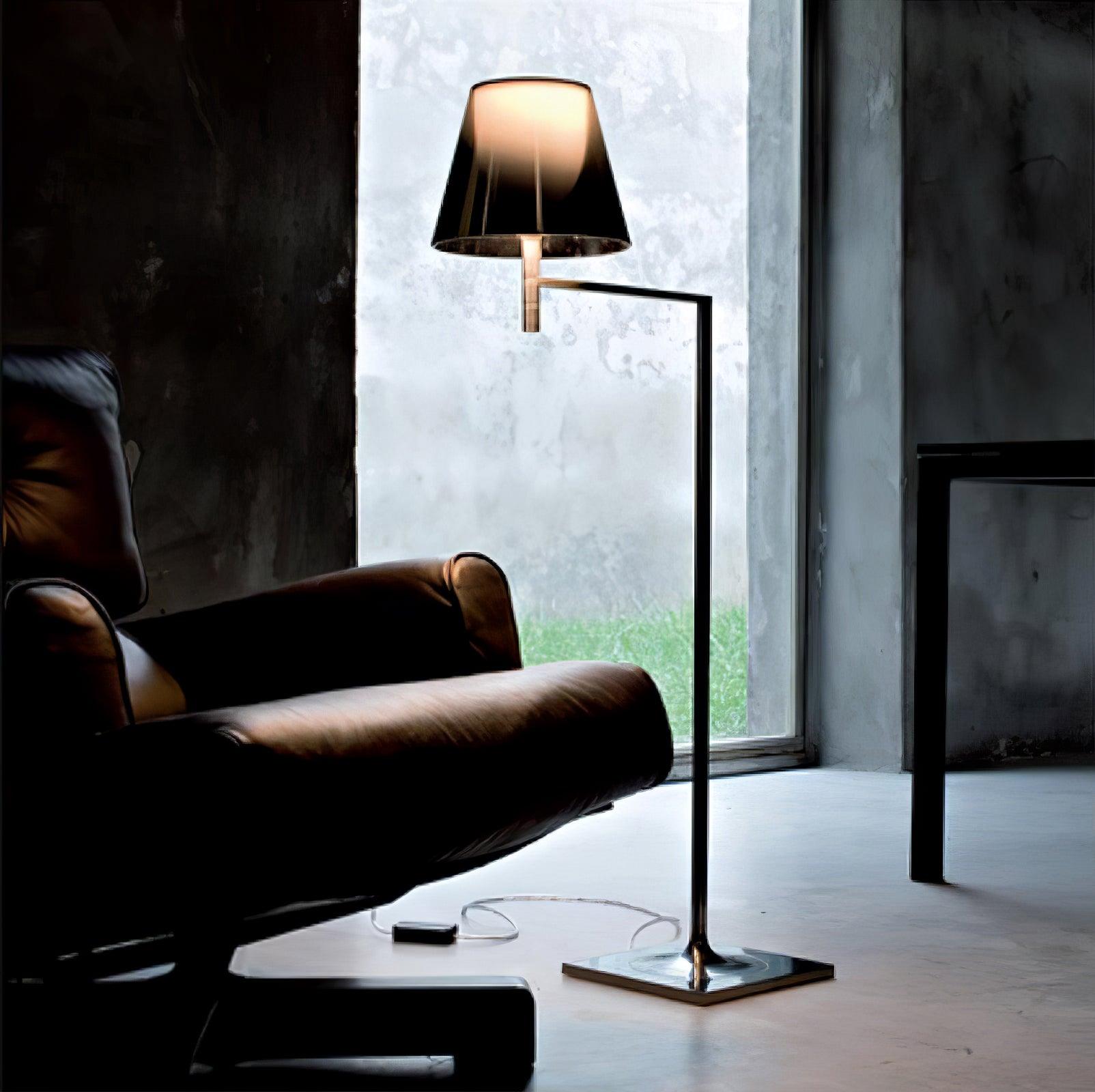 Modern Chrome Prism Geometric Floor Lamp with Adjustable Arm and Glass Shade